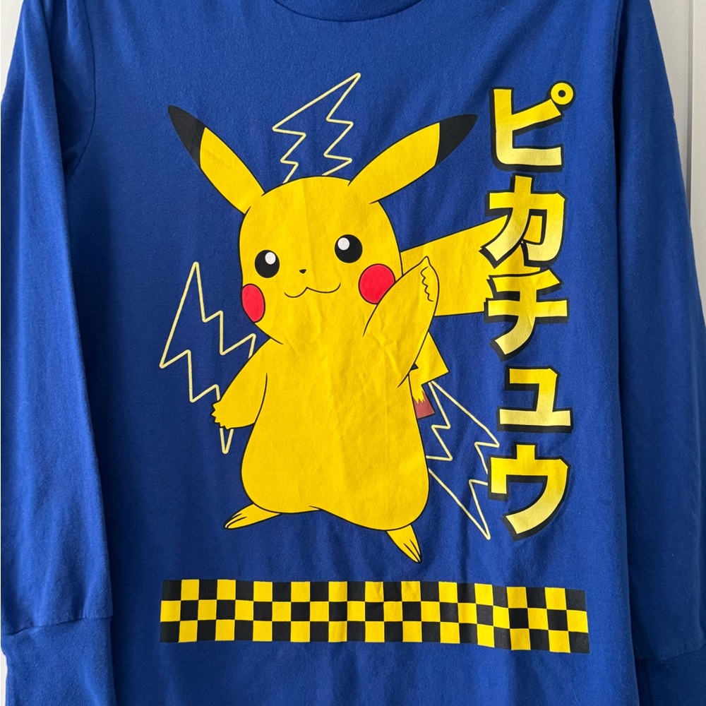 Pokeman Blue Long Sleeved Pikachu Checkers Graphic Shirt SZ L